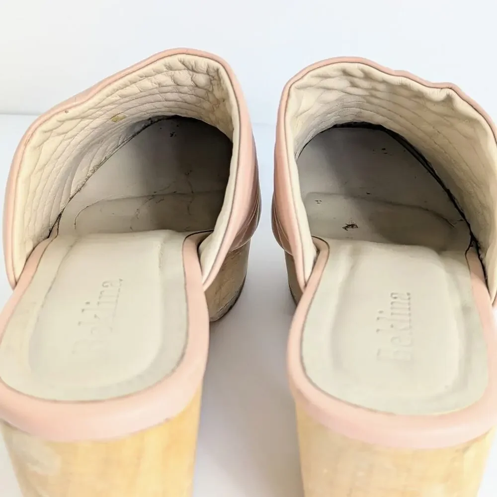 Beklina Ribbed Clogs 8.5 Buff Pink Tan Leather Platform Wood Clog Slip On US - Picture 12 of 16